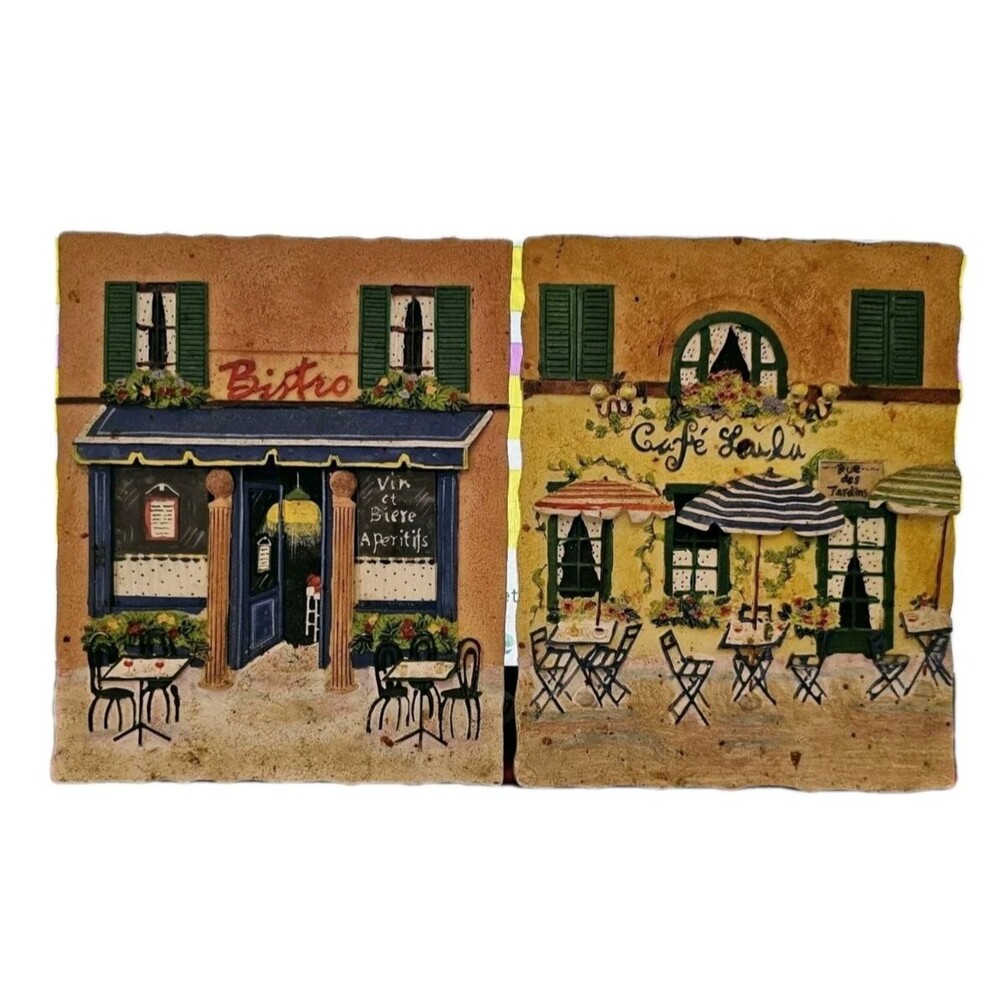 Vintage 3D Wall Decor Set Of 2 Small Ceramic Cafe/Bistro Patio Scenes 4.5x5x5"